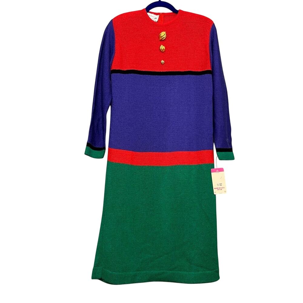 Vintage 90s Neiman Marcus Color Block Chunky Knit Sweater Dress Women's Size 12